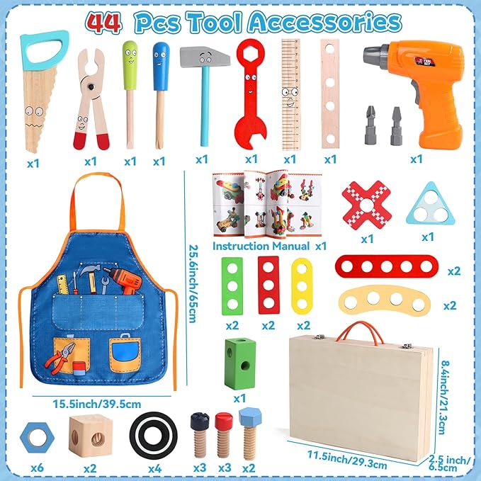 Kids Tool Set with Drill, Educational Montessori Toys for 3 Year Old Boys 44 Pcs STEM Kids Toys Wooden Toddler Tool Set with Apron & Box Birthday Gifts for 3 4 5 Year Old Boy Girl