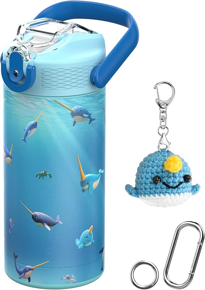 MYFOREST 14oz/400ml Insulated Kids Water Bottle, Odor-Free Surgical Grade Liner, Dishwasher-Safe, Name Spot, Soft Sipper, Gift for Thalassophile (Ocean. Narwhals)