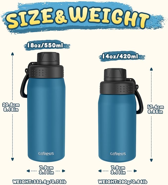 GOPPUS 15oz Kids Water Bottle with Spout Lid, Toddler Water Bottle, Stainless Steel Insulated Water Bottle, Leakproof, BPA Free, Suitable for Boys and Girls for School（Navy Blue）