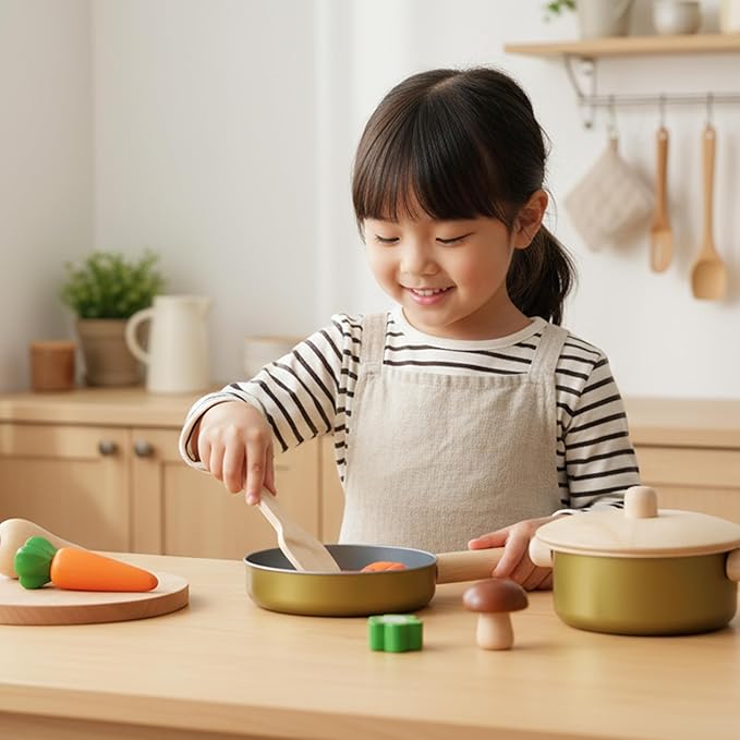 PlanToys® Pretend Play Wooden Cooking Utensils Set | Kitchen Toy for Imaginative Cooking | Encourages Creativity, Practical Life Skills & Montessori-Inspired Play