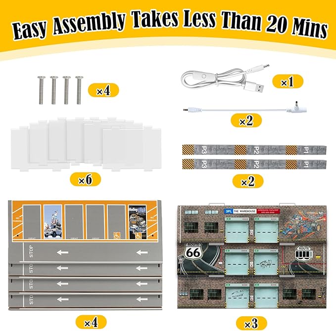 Saichotoy Storage for Hot Wheels: Toy Car Parking Garage Diorama with Lights - Freestanding Display Case for 1/64 Scale Diecast Cars with 4 Levels 24 Spots Maximum 40 Cars