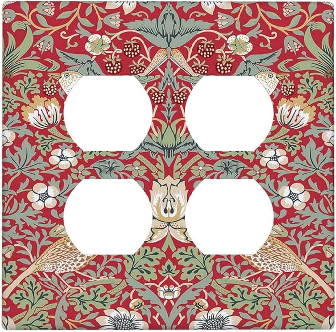 Decorative Outlet Covers William Morris Strawberry Thief Botanical Red Green 2 Gang Double Duplex Light Switch Cover Wall Plates Electrical Socket Cover Art Faceplate for Bathroom Bedroom Decor