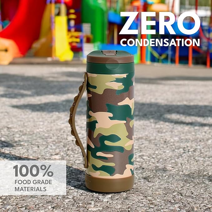 Elemental Iconic Kids Water Bottle for School - 100% Leak-Proof Insulated Water Bottles with Straw Lid & Pop-It Handle for Boys & Girls - Triple-Wall Insulated & BPA-Free, 14oz – Green Camo