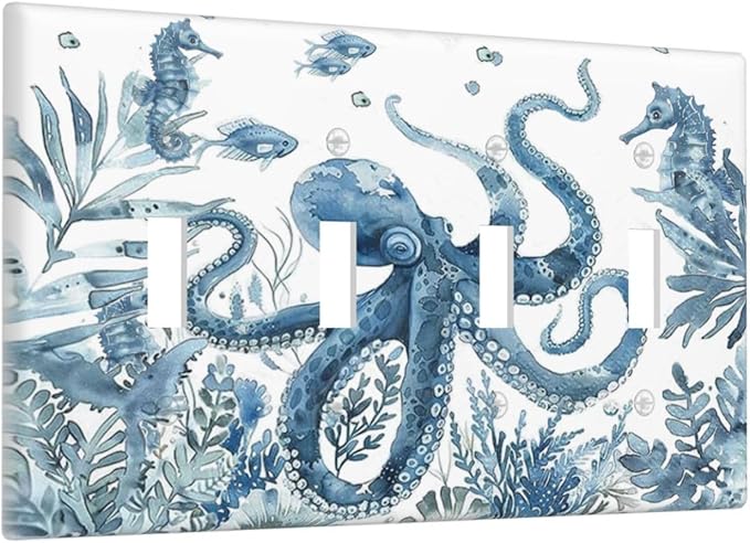 Blue Octopus Squid Seahorse Coral Watercolor Wild Sealife Light Switch Covers Quad Toggle Electrical Faceplate 4 Gang Wall Plate Decorative Switch Plates for Bathroom Kids Room Decor