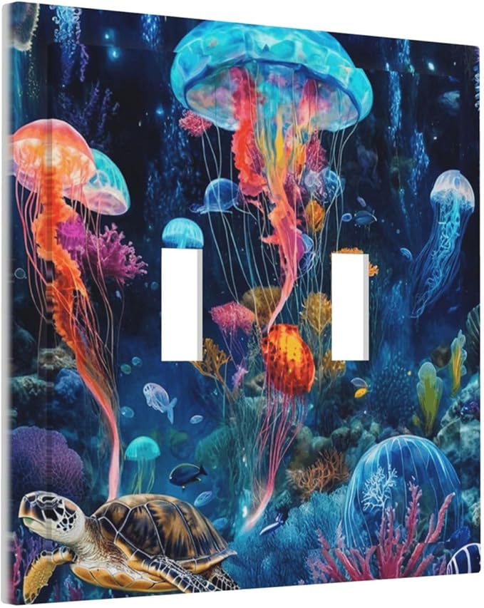 Jellyfish Sea Turtle Fantasy Ocean Coral Underwater World Decorative Switch Plates 2 Gang Double Toggle Outlet Light Switch Cover Wall Plate Electrical Faceplate for Nursery Kids Room Decor