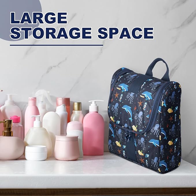 Remobia Hicol Cute Cartoon Hanging Kids Toiletry Bag Children Travel Cosmetic Makeup Organizer Wash Bag Shower bag Over Night Bag Camping Shaving Kit Bag for Boys & Girls (Sea World)