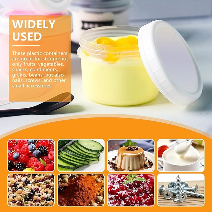 24 Pack 5 oz(160 ml) Food Storage Jars with Screw Lids, Reusable Small Refrigerated Jars, Small Plastic Freezer Storage Food Containers for Cake Jam Ice Cream Sauce