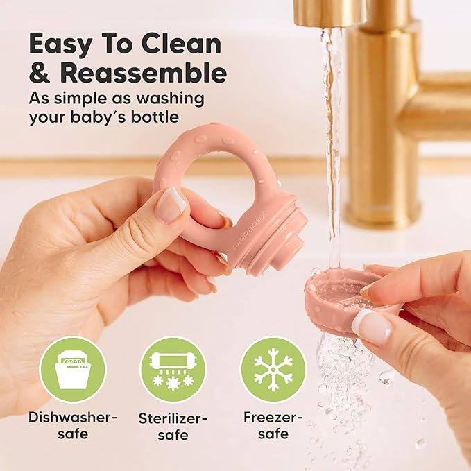 KeaBabies Baby Fruit Feeder 2pk - Silicone Baby Food Feeder for Babies 6-12 Months, Breast Milk Popsicle Teether, Weaning, Pacifier, Freeze Frozen Solid Food, Infant Feeding Essential (Roseate)