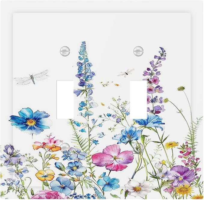 Decorative Switch Plates Boho Colorful Flowers Plants And Dragonflies 2 Gang Double Toggle Wall Plate Outlet Light Switch Cover Electrical Faceplate for Bedroom living Room Decor