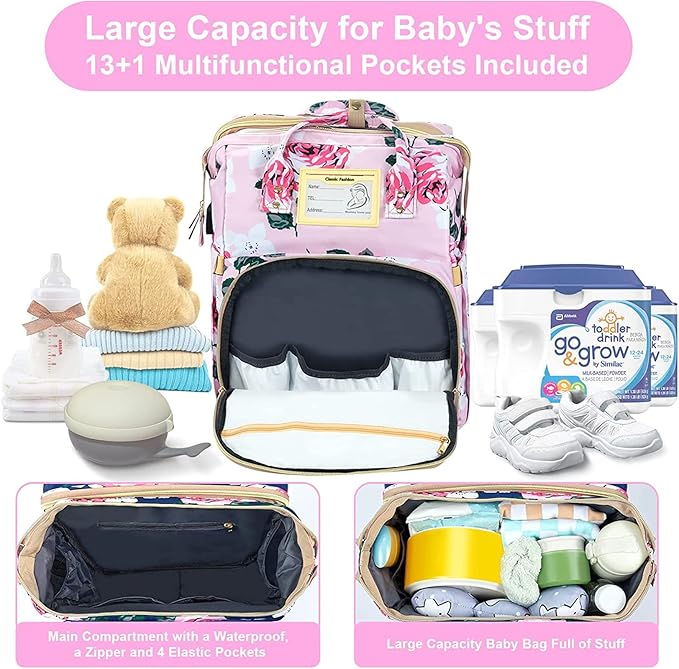 GurZinn Diaper Bag Backpack with Changing Station, Foldable for Bady Toddler, 3 in 1 Large Capacity Newborn Essentials Organizer with Stroller Hook for Girls and Boys（Pink）