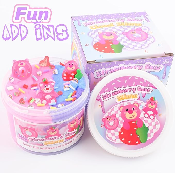 Pink Strawberry Bear Cloud Slime Kit – Ultra Soft Fluffy Texture, Sweet Scented Slime for Kids, Birthday Party Favors & Goodie Bag Stuffers for Boys & Girls Ages 6-12
