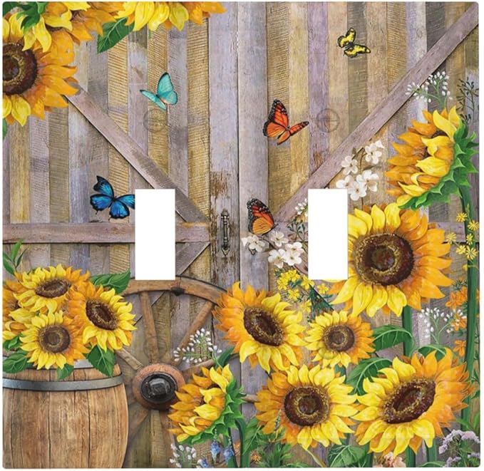 Rustic Sunflower Barn Door Wood Plank Double Toggle Light Switch Covers Decorative 2 Gang Wall Plate Electrical Faceplate Switchplate for Farmhouse Bathroom Bedroom Living Room Decor