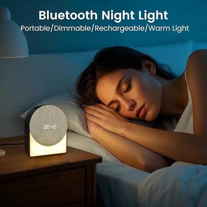 White Noise Machine Alarm Clock with Night Light, 4in1 Bluetooth Speaker & Natural Sounds – Portable Sleep Aid for Adults, Kids & Baby – Rechargeable, Timer, Dimmable Warm Light