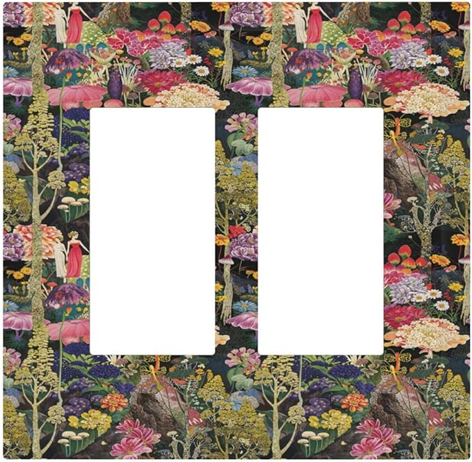 Dreamy Tropical Rainforest Colorful Mushroom Wildflower Decorative Outlet Covers 2 Gang Double GFCI Rocker Electrical Wall Panels Light Switch Cover Plate for Farmhouse Kids Room Decor