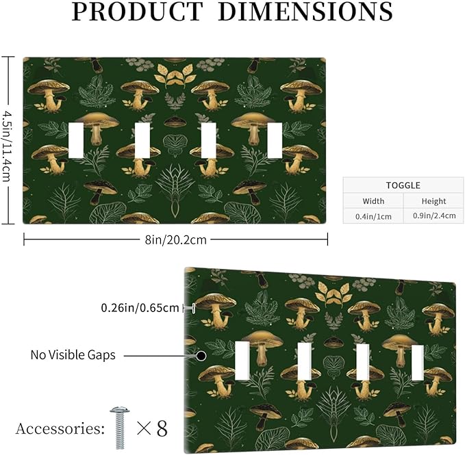 Decorative Light Switch Cover Plate Cute Gold Mushtroom Green Plant Leaf 4 Gang Wall Plates for Electrical Outlets Quad Toggle Switch Plate Covers Outlet Covers Faceplate for Home Decor