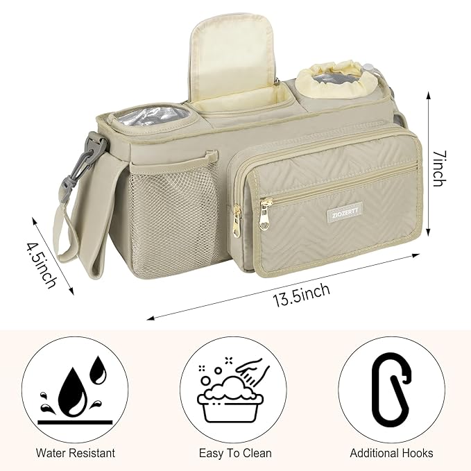 Universal Stroller Organizer with Insulated Cup Holders,Large Capacity Non-Slip Stroller Caddy Bag Fits for Uppababy/Doona/Jogger/Britax/Mompush/BoB with Anti-Sag Hard Bottom and Wet Wipes Pocket