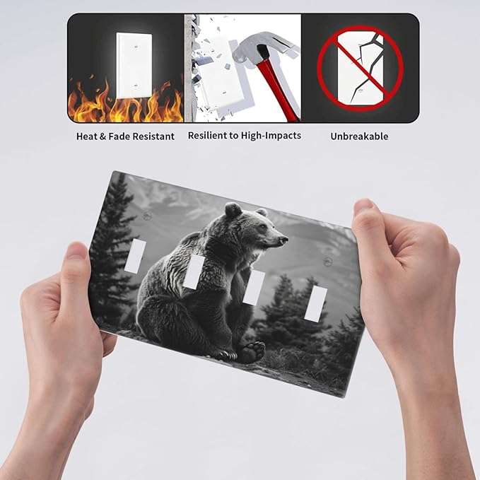 Light Switch Cover Plate Black White Bear Mountain Pine Trees Wilderness 4 Gang Quad Toggle Decorative Switch Plates Electrical Wall Plates Faceplate for Bathroom Bedroom Decor