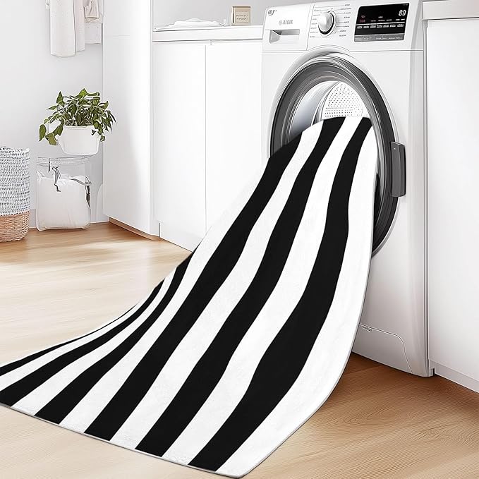 Black and White Area Rugs 6 x 9 ft Non-Slip Foldable Machine Washable Rug, Geometric Horizontal Stripes Low-Pile Comfy Fluffy Floormat for Various Scenes Home Decor Aesthetic