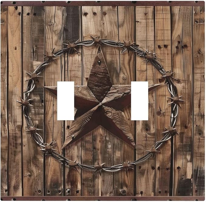 Outlet Covers Rustic Star Western Cowboy Wood 1 Gang Duplex Light Switch Cover Plate Decorative Wall Plates Electrical Switchplate Receptacle for Farmhouse Home Decor（2 Pack）