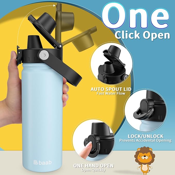 baab 18oz Kids Water Bottle, Insulated Kids Water Bottle with Lockable Spout Lid & Stickers, 18/8 Stainless Steel Vacuum Leakproof Kid Water Cup with Handle for Boy Girl & School (Light Blue, 1 Pack)