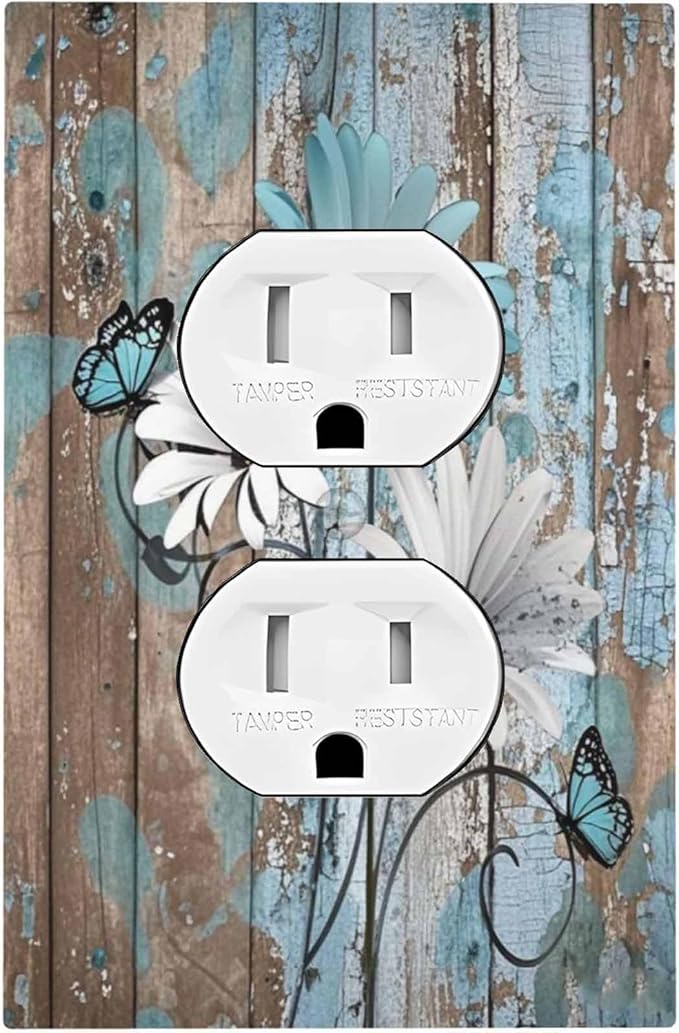 Outlet Covers Rustic Flower Teal Turquoise Daisy Butterfly 1 Gang Duplex Light Switch Cover Decorative Switch Plates Electrical Receptacle Faceplate Wall Plate For Farmhouse Cabin Decor