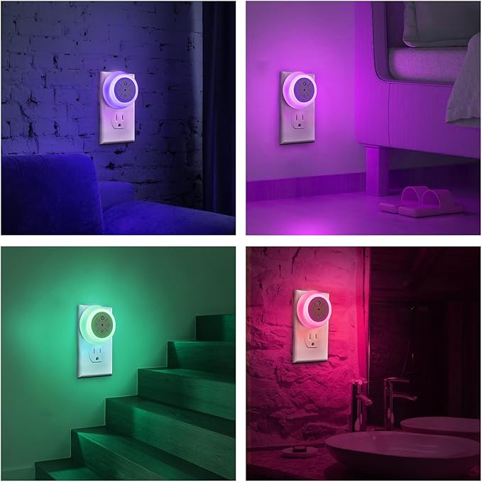Dawnrise Night Lights Plug Into Wall, Dusk to Dawn Sensor, 12-Color Changing Led Plug in Night Light Dimmable for Bedroom, Stairs, Kitchen, Hallway, Utility Room, Kids Room (4 PK)