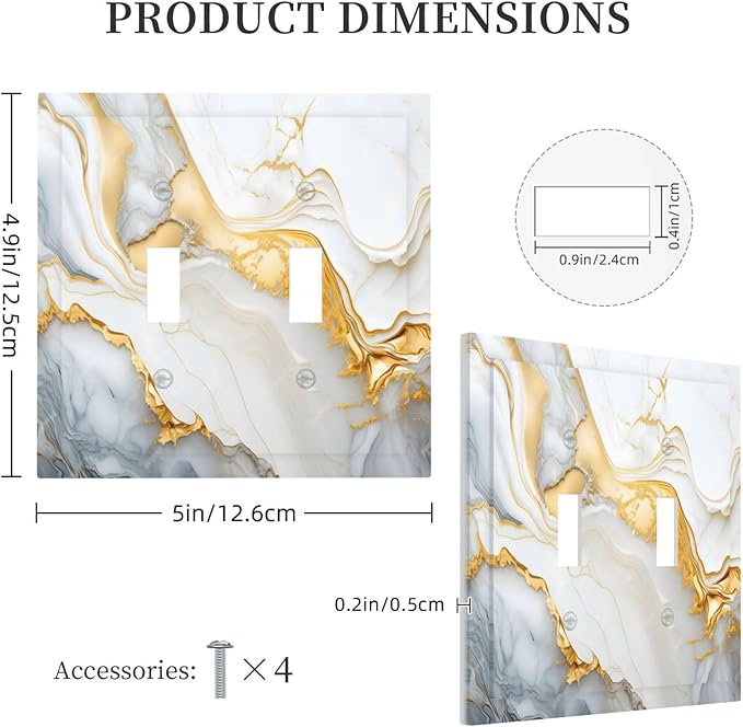 Exquisite White Gold Marble Abstract Luxurious Print Decorative Switch Plates 2 Gang Double Toggle Outlet Light Switch Cover Wall Plate Electrical Faceplate for Bathroom Kitchen Decor