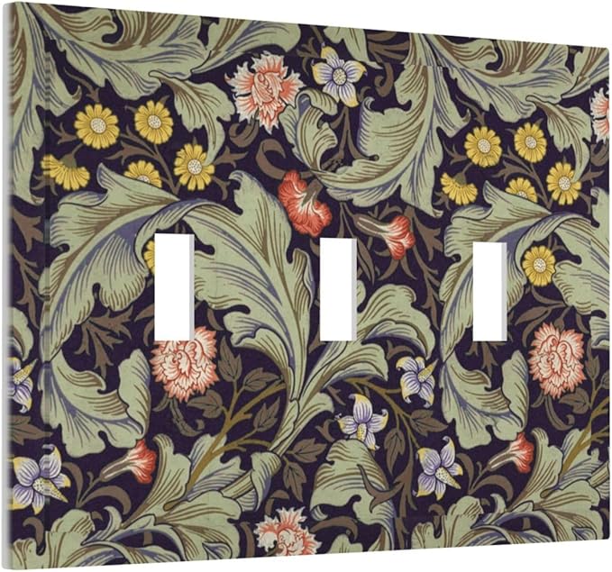 Boho William Morris Floral Green Leaves Flower Decorative Switch Plates 3 Gang Wall Plate Triple Toggle Light Switch Cover Faceplate Electrical Wall Panels for Farmhouse Home Decor