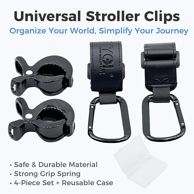 4-Pack Stroller Organizer: 2 Universal Pram Clips with 2 Stroller Hooks | Convenient Travel & Shopping Essentials for Baby Carriage - Black