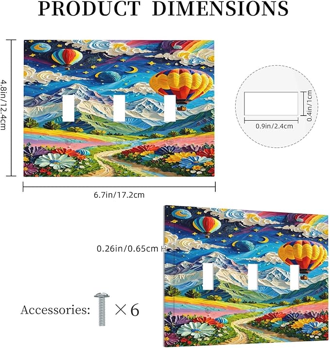 Hot Air Balloons Floral Vibrant Colors Flowers Mountains Stars Moon Decorative Switch Plates 3 Gang Wall Plate Faceplate Electrical Wall Panels Triple Toggle Light Switch Cover for Bedroom Kids Room