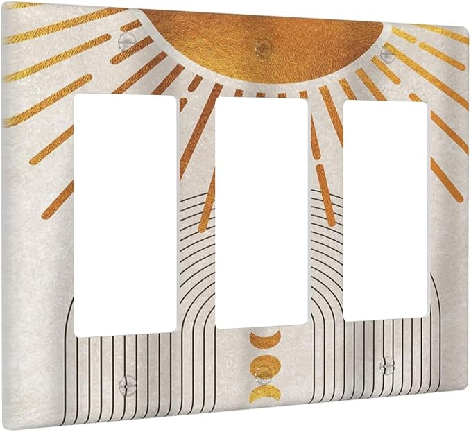 Mid Century Gold Sun Abstract Arch Boho Moon 3 Gang Rocker Light Switch Covers Decorative Unique Triple Outlet Wall Plate Cover Faceplate Decorative Switchplate GFCI for Kitchen Bathroom Decor