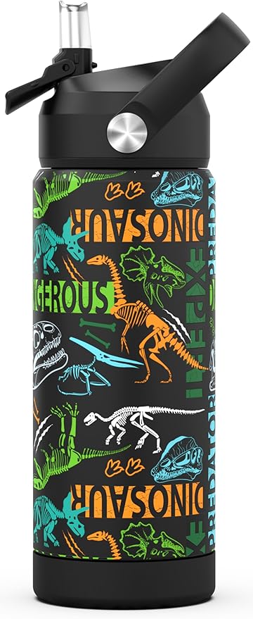 Boys Water Bottle with Straw,18 oz Kids Insulated Cups with Stainless Steel Leak Proof for School,Sport&Travel（Dinosaur）
