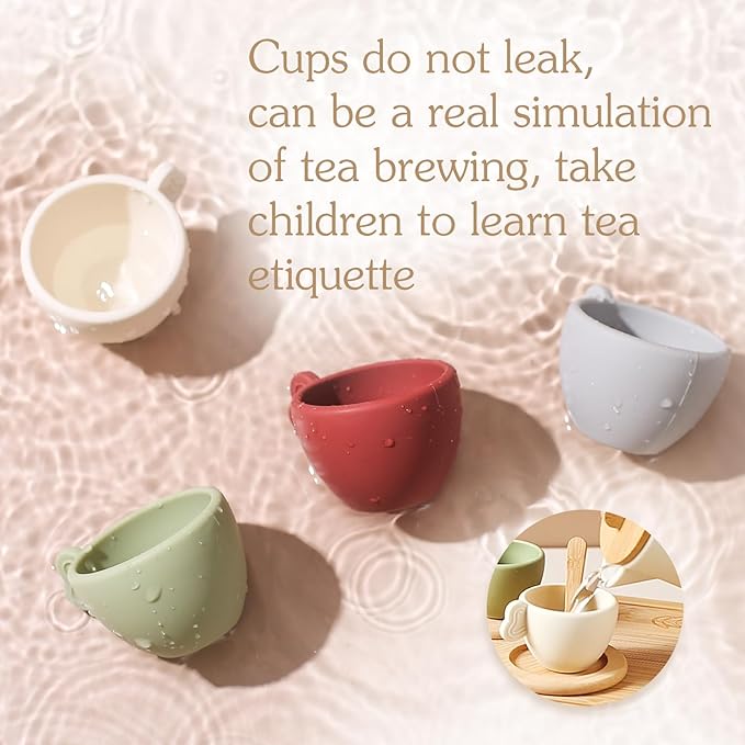 Youuys Wooden Tea Party Set for Toddler 3-5,Kids Tea Sets for Little Girls 4-6, 14pcs Silicone Kitchen Accessories, Pretend Play Montessori Toys with Tray for 3 4 5 6 Year Old Birthday