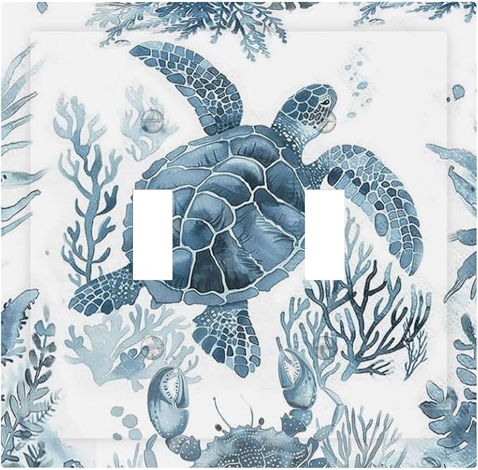 Blue Sea Turtle Coastal Coral Beach Crab Seaweed Decorative Switch Plates 2 Gang Double Toggle Outlet Light Switch Cover Wall Plate Electrical Faceplate for Kids Room Bathroom Decor