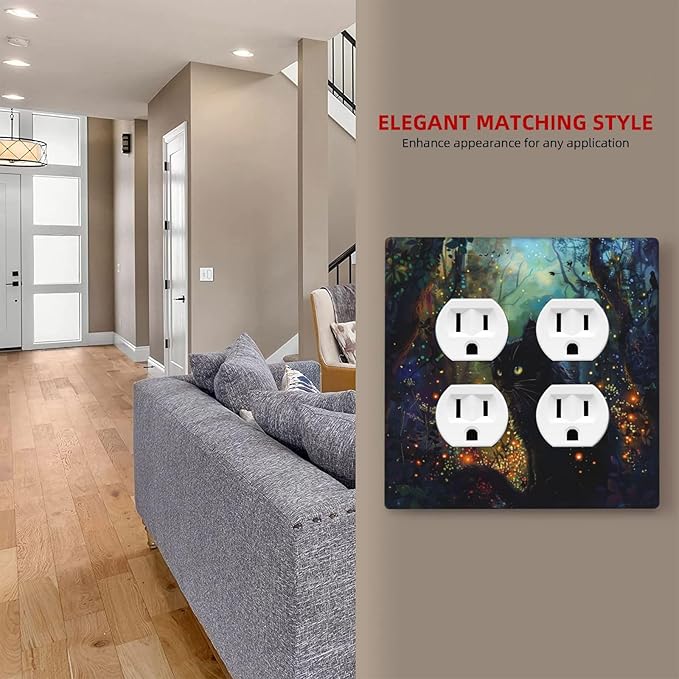 Decorative Outlet Covers Magic Fantasy Forest Mysterious Black Cat 2 Gang Decorative Switch Plate Double Duplex Wall Plates Switch Plates and Outlet Covers for Kid Room Bathroom Decor