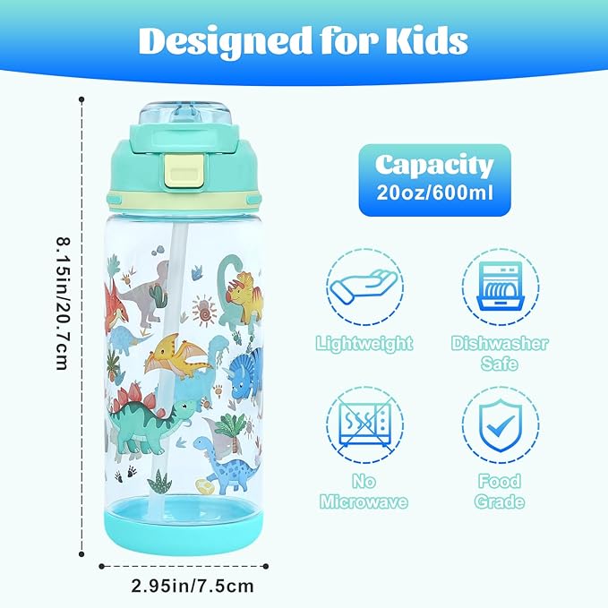 decalsweet Kids Water Bottle 20oz Durable Leak-Proof Plastic Water Cup for Kids Toddlers,With Straw Handle and Pop-Up Spout Cover,Safe for School Sports Daycare Travel & Camp Pack of 2