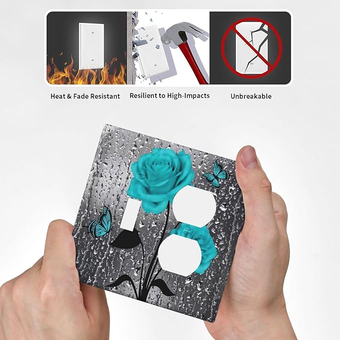 2-Gang 1-Toggle 1-Duplex Combination Wall Plate Women Elegant Butterfly Teal Blue Gray Rose Flower Water Raindrop Floral Two Combo Double Device Toggle/Outlet Receptacle Light Switch Face Plate Cover