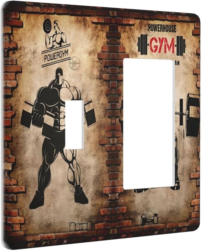 Vintage Gym Retro Brick Dumbbell Muscular Man2 Gang Toggle Rocker Light Switch Cover Decorative Combin Wall Plates Art Panel Brick Dumbbell Dimmer for Bedroom Boyroom Gyms Decor