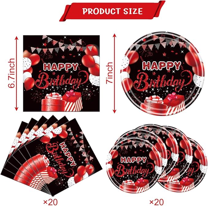 Red and Black Birthday Party Tableware Supplies Set, Red Birthday Party Confetti Sprinkles Theme Party Decorations 40PCS
