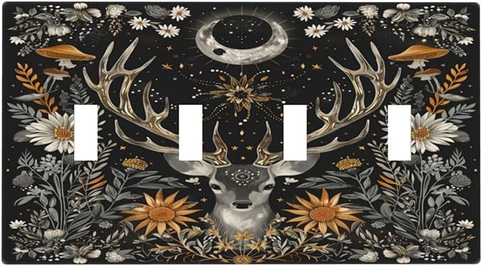 Light Switch Cover Plate Vintage Deer Flowers Moon Natural Plants Floral 4 Gang Quad Toggle Decorative Switch Plates Electrical Wall Plates Faceplate for Bathroom Bedroom Decor