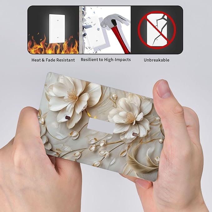 Decorative Art Light Switch Covers Elegant White and Gold Florals Single Toggle Wall Plate Decorative Switchcover Electrical Switchplate for Home Decor
