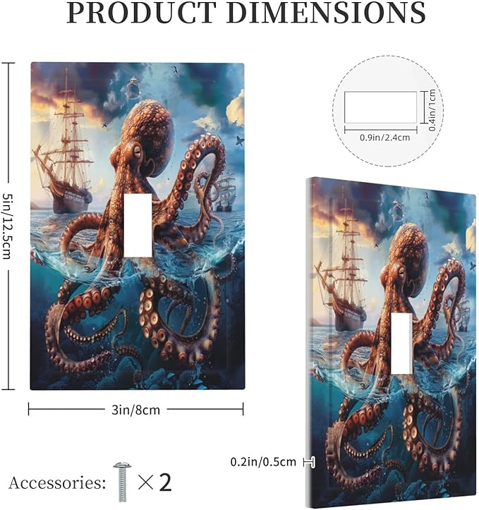 Light Switch Cover Plate Deep Ocean Octopus Sailboat Sea Monster 1 Gang Single Toggle Decorative Switch Plates Wall Plates Electrical Faceplate Socket Covers for Bathroom Bedroom Decor