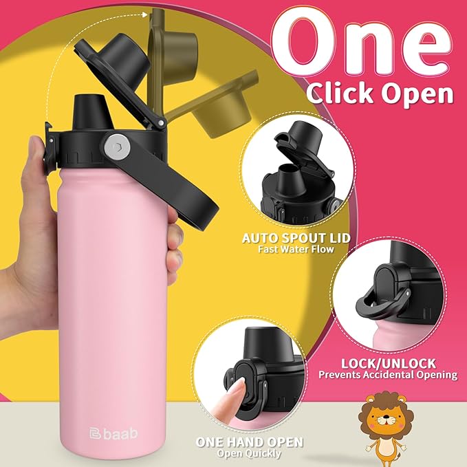 baab 18oz Kids Water Bottle, Insulated Kids Water Bottle with Lockable Spout Lid & Stickers, 18/8 Stainless Steel Vacuum Leakproof Kid Water Cup for Boy Girl School (Pink+Mint Green, 2 Pack)