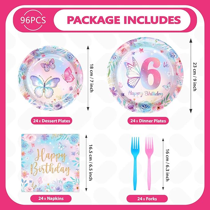 Grencian 96Pcs Butterfly 6th Birthday Party Decorations Butterflies Theme Disposable Sets for Girl Colorful Butterfly Plates, Napkins and Forks, 6 Years Old Birthday Party Supplies Serves 24