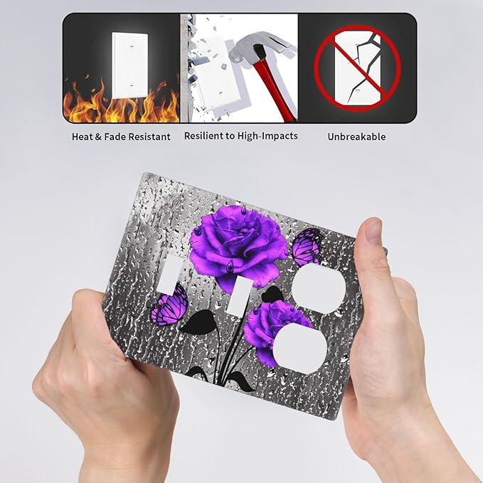 Purple/Gray Blossom Flowers Rose Butterfly Valentine Day 3-Gang 2-Toggle 1-Duplex Device Combination Wall Plate Decorative Combo Double Toggle/Single Duplex Receptacle Outlet Light Switch Cover Plate