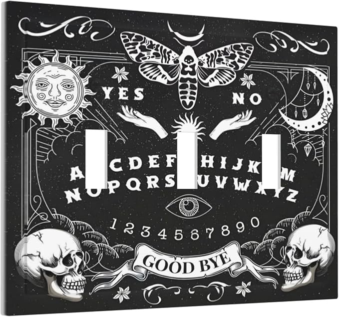 Black Witchy Skeleton Skull Gothic Sun Moon Decorative Switch Plates 3 Gang Wall Plate Triple Toggle Light Switch Cover Faceplate Electrical Wall Panels for Bedroom Living Room Decor