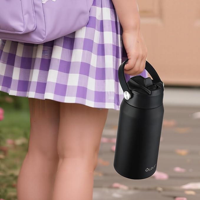 OLDLEY kids Water Bottle - 18oz Insulated Stainless Steel - Wide Straw Lid, Non Spill, Leakproof, Kids Water Bottle for School,Black