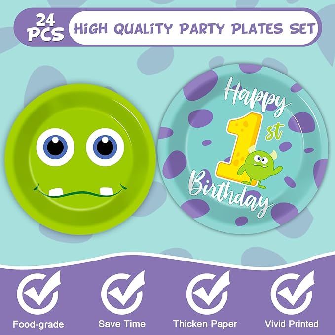 96Pcs Monster 1st Birthday Party Plates and Napkins Happy Monster 1st Theme Decor Monster Baby Shower Disposable Dessert Cake Plates One Year Old Tableware Set for First Birthday 24 Guests