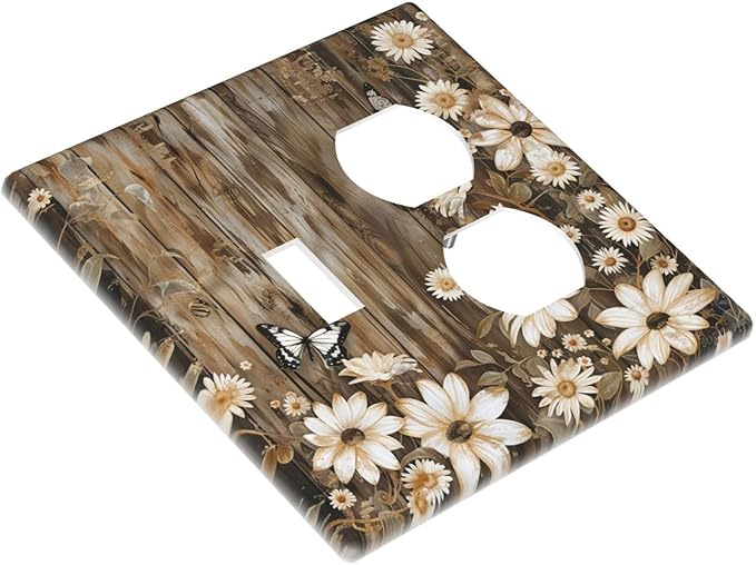 Light Switch Cover Plate Rustic Wood Butterflies Flowers Botanical 2 Gang Decorative Switch Plates 1 Toggle Duplex Combo Outlet Covers GFCI Wall Plates for Farmhouse Cabin Decor
