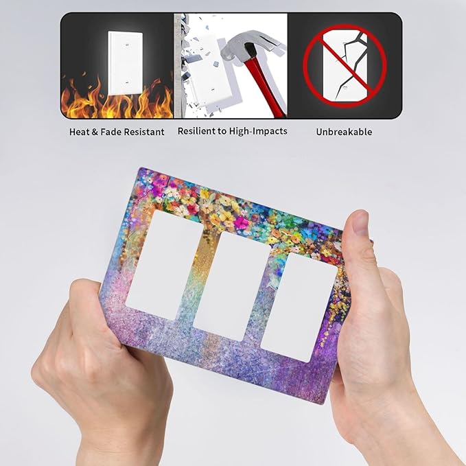 Colorful Floral Watercolor Flower 3 Gang Rocker Light Switch Plate Purple Triple Decora Outlet Wall Plate Cover Faceplate Decorative Switchcovers GFCI for Farmhouse Bathroom Bedroom Decorate